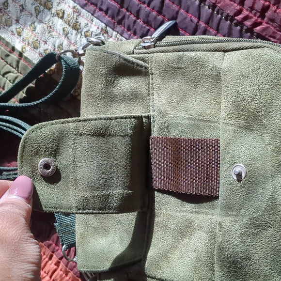 TRAVELON* faux suede sage green crossbody/belt bag w/adj. straps, pouches - Picture 2 of 16